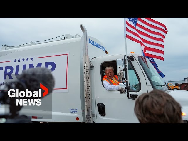 ⁣Trump drives MAGA trash truck at rally in response to Biden “garbage” gaffe