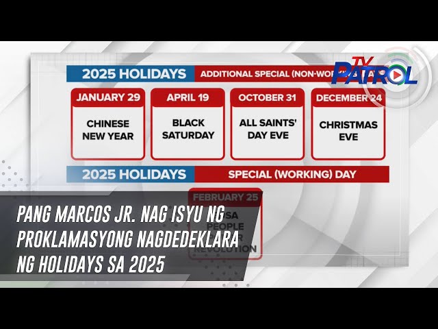 ⁣Pang Marcos Jr. nag isyu ng proklamasyong nagdedeklara ng holidays sa 2025 | TV Patrol