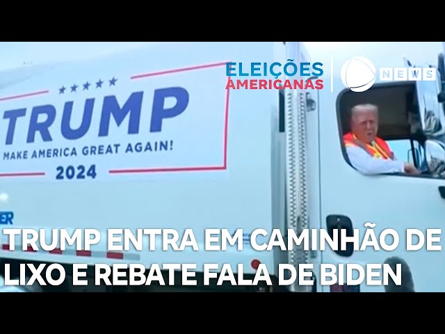 ⁣Trump entra em caminhão de lixo e rebate fala de Biden