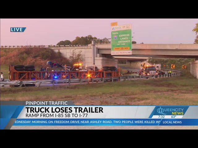 ⁣Tractor-trailer overturns on ramp from I-85 to I-77 South