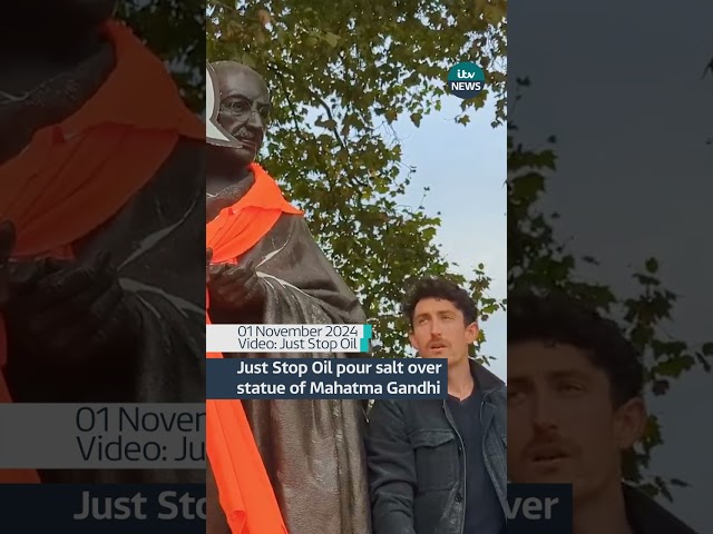 ⁣Just Stop Oil poured salt over a statue of Mahatma Gandhi in London #itvnews #shorts