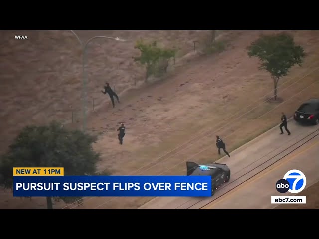 ⁣Suspect front flips over fence during end of high-speed chase in Texas