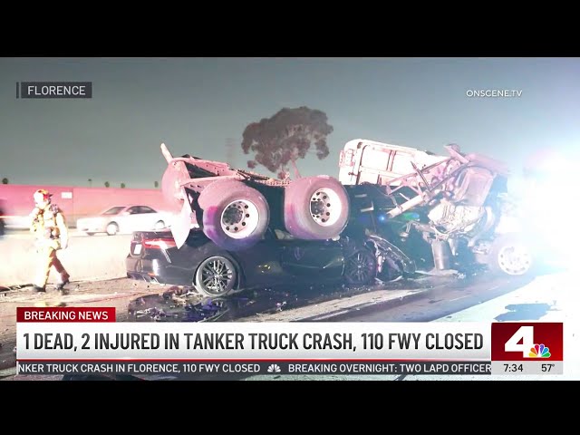 ⁣Overturned tanker truck shuts down 110 Freeway in South LA