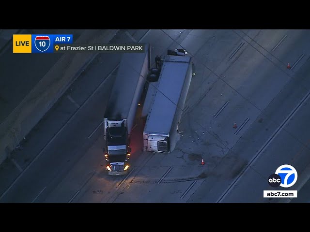 ⁣Overturned big rig shuts down EB lanes of 10 Fwy in Baldwin Park