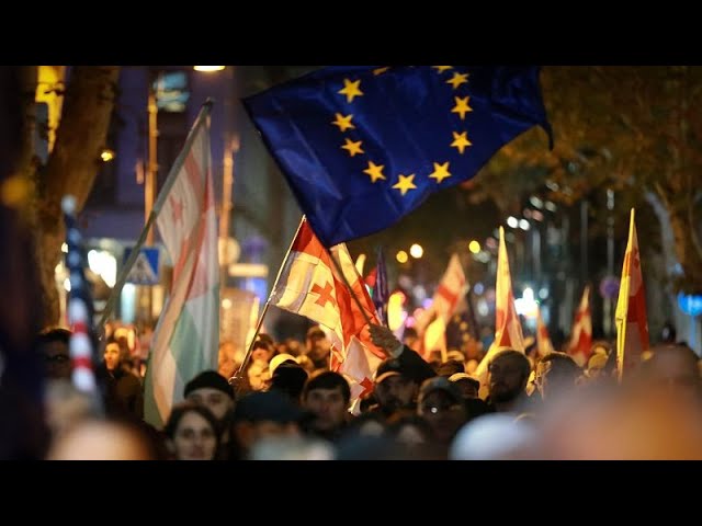 ⁣Thousands of Georgian opposition supporters again rally in protest of "rigged" election re