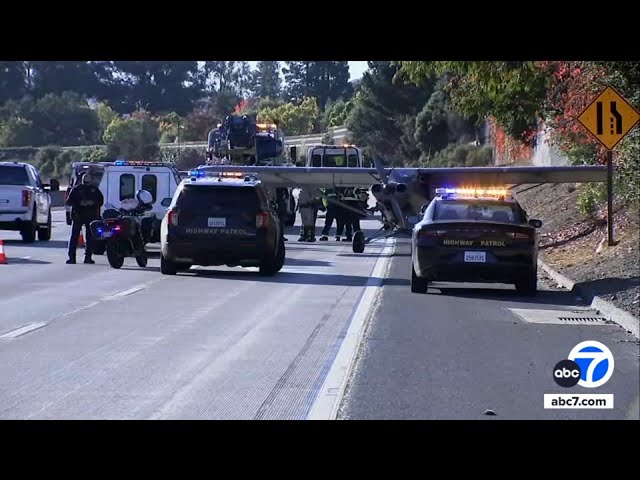 ⁣Small plane makes emergency landing on CA freeway during rush hour