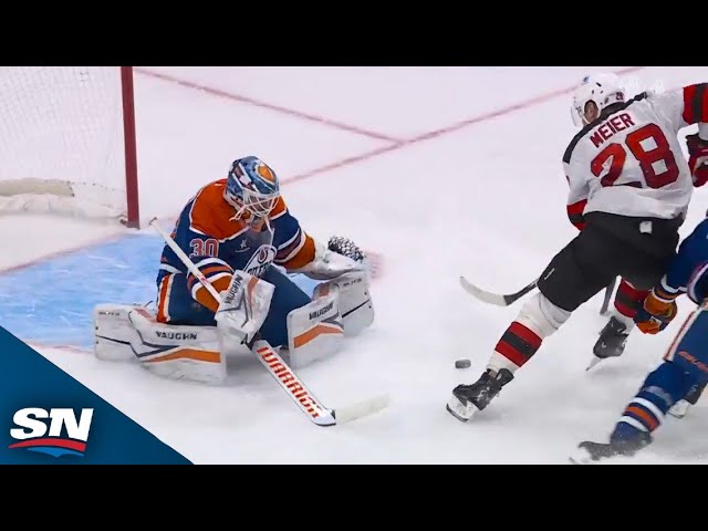 ⁣Devils' Timo Meier Finishes A Backhand Beauty After Mercer's Airmail Feed