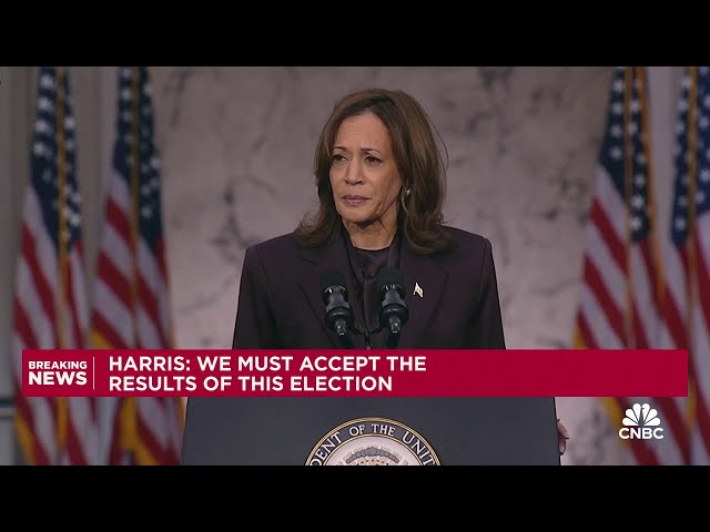 ⁣Kamala Harris delivers a concession speech after losing the election to Trump