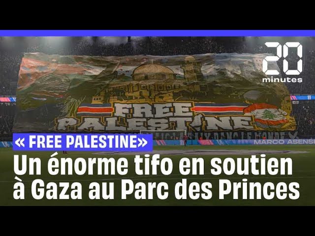 ⁣PSG : Un énorme tifo en soutien à Gaza et au Liban au Parc des Princes