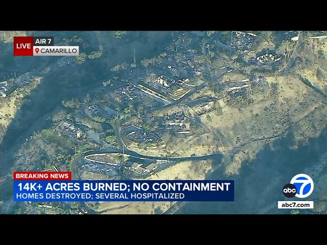 ⁣Aerial view shows Camarillo Heights homes destroyed by Mountain Fire