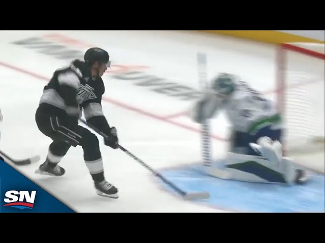 ⁣Kings' Quinton Byfield Drives The Net Before Scoring Backhand Goal vs. Canucks