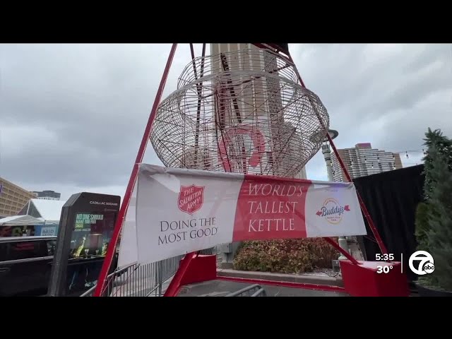 ⁣Salvation Army installing world's tallest red kettle in Downtown Detroit on Friday