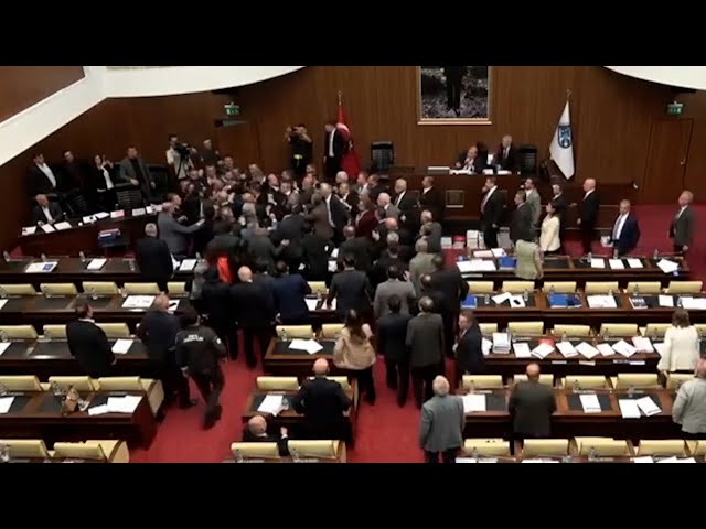 ⁣WATCH | Mass brawl breaks out during council meeting in Turkiye