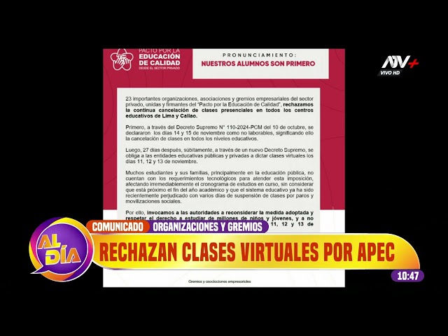 ⁣Organizaciones y gremios rechazan clases virtuales por APEC