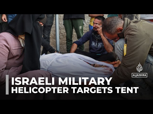 ⁣Israeli military helicopter targets tent: Camp near Al Aqsa hospital in central Gaza