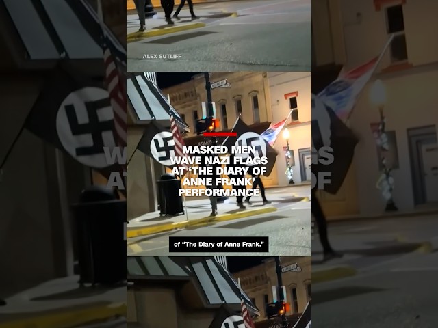 ⁣Masked men wave Nazi flags outside ‘The Diary of Anne Frank’ performance