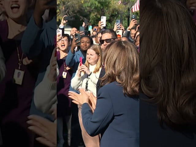 ⁣Harris returns to cheering staff at White House