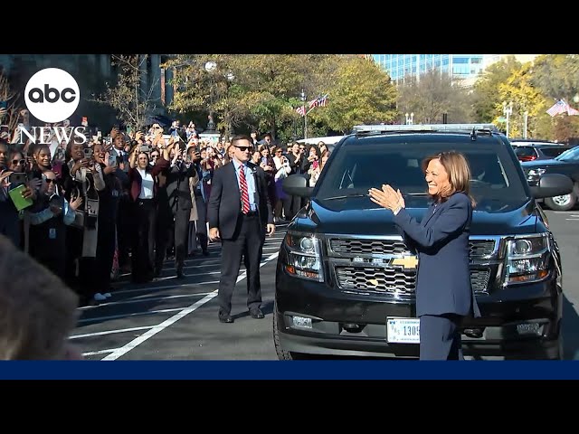 ⁣Kamala Harris cheered on by staff as she arrives back at the White House