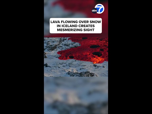 ⁣Lava flowing over snow in Iceland creates mesmerizing sight