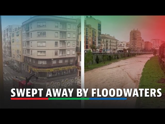 ⁣Rubbish bin swept away by floodwaters in Spain's Malaga