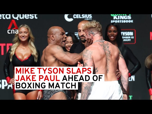 ⁣Mike Tyson slaps Jake Paul ahead of boxing match