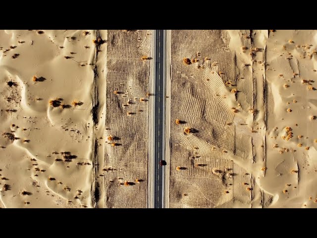 ⁣Grass grids set up to guard desert highway in NW China's Xinjiang