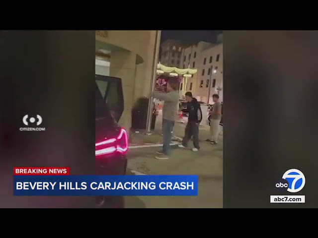 ⁣Suspect carjacks BMW, slams into Beverly Hills building near holiday event; 4 rushed to hospital