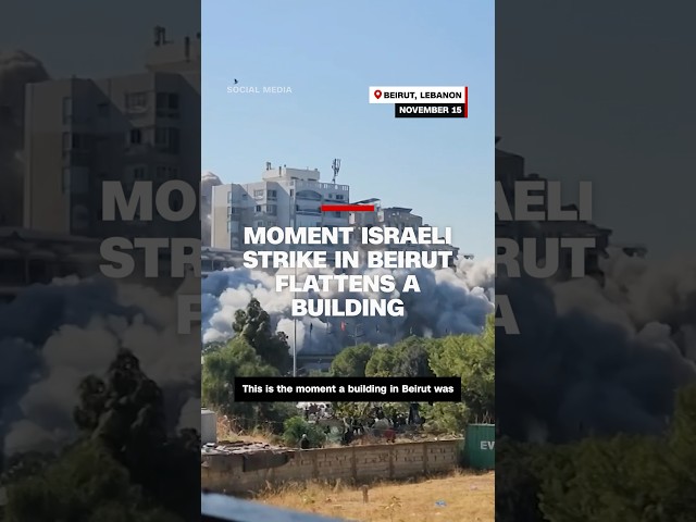 ⁣Moment Israeli strike in Beirut flattens a building