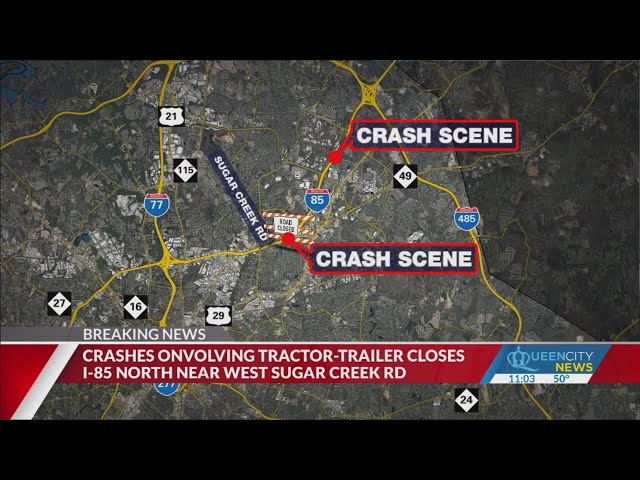 ⁣Series of tractor-trailer crashes shut down I-85 in Charlotte