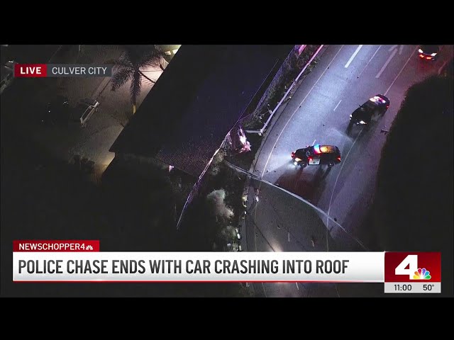 ⁣Police chase ends with car crashing into roof in Culver City