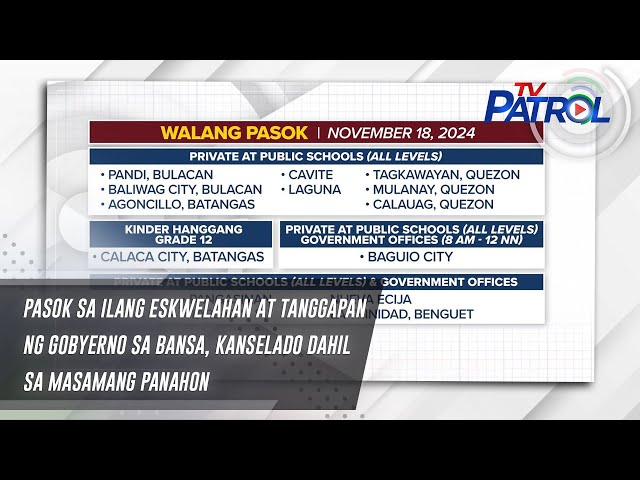 ⁣Pasok sa ilang eskwelahan at tanggapan ng gobyerno sa bansa, kanselado dahil sa masamang panahon