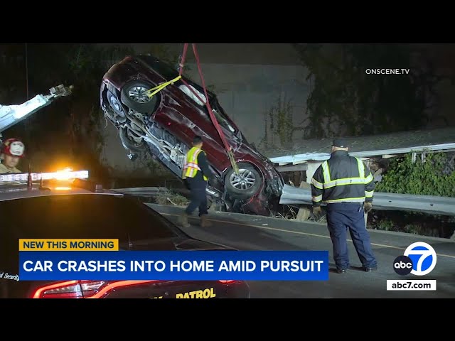 ⁣Suspect slams into guardrail on 405 Freeway in Culver City, crashes into home during chase