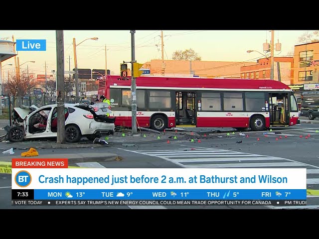 ⁣Several injured in crash involving stolen car, TTC bus in North York