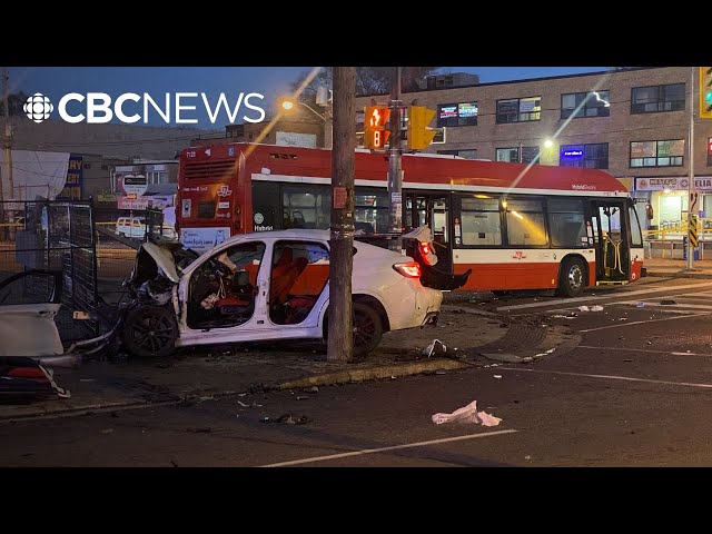 ⁣9 injured after stolen BMW collides with TTC bus in North York