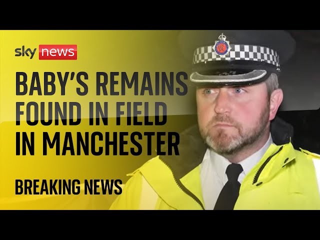 ⁣Police hold a news conference after a baby's remains are found in a field in Manchester