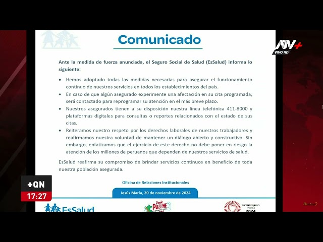 EsSalud se pronuncia por paro nacional de 24 horas que viene acatando sus trabajadores