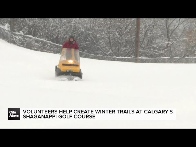 ⁣Volunteers help create winter trails at Calgary's Shaganappi Golf Course