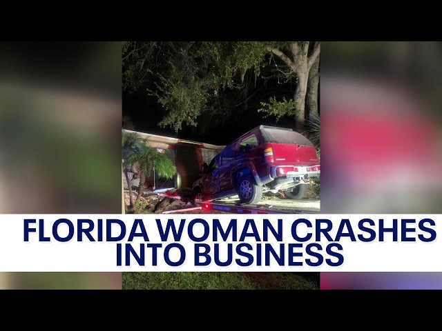 ⁣Florida woman hits a man after crashing into business