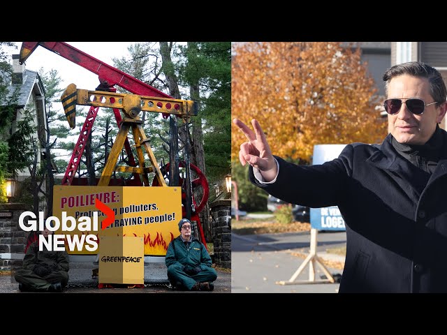 ⁣Greenpeace activists block Pierre Poilievre's driveway