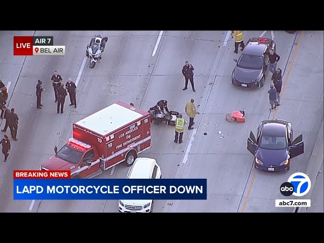 ⁣LAPD motorcycle officer injured in crash on 405 Freeway; traffic snarled