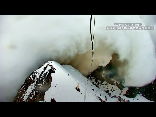 ⁣Stunning footage shows avalanche in Xinjiang engulf valley in seconds