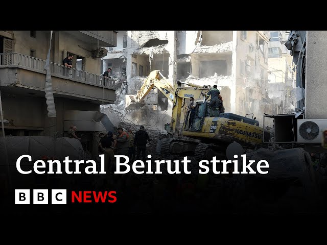 ⁣Central Beirut residential building hit by massive Israeli strikes | BBC News