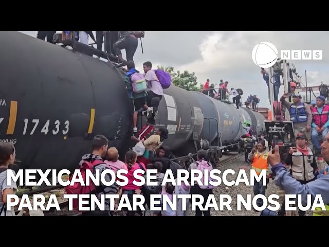 ⁣Mexicanos se arriscam em trens para tentar entrar nos EUA