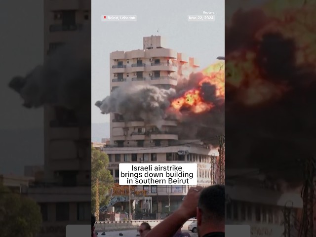 ⁣Israeli airstrike brings down building in southern Beirut