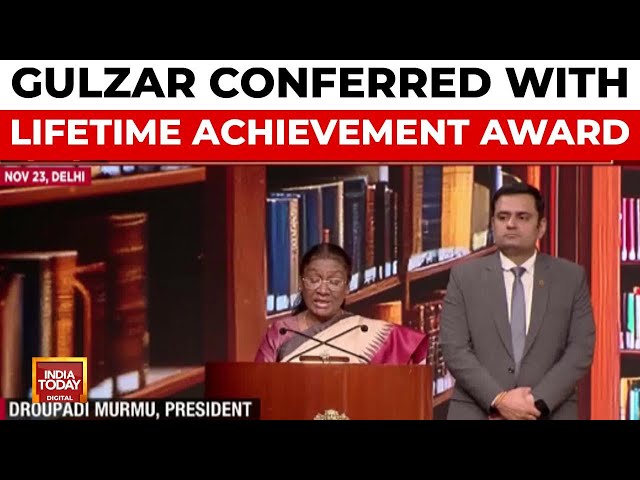 ⁣Sahitya Aaj Tak 2024: Prez Murmu Confers Poet Gulzar With 'Lifetime Achievement' Award | I