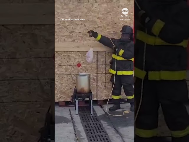 ⁣Firefighters demonstrate the dangers of deep-frying a turkey