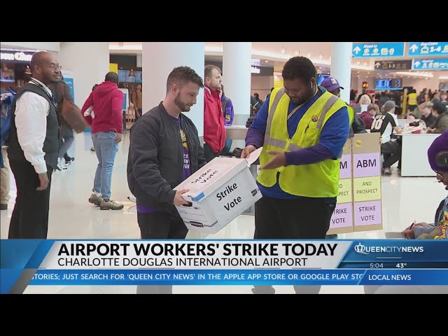 ⁣CLT airport workers strike during busy travel season