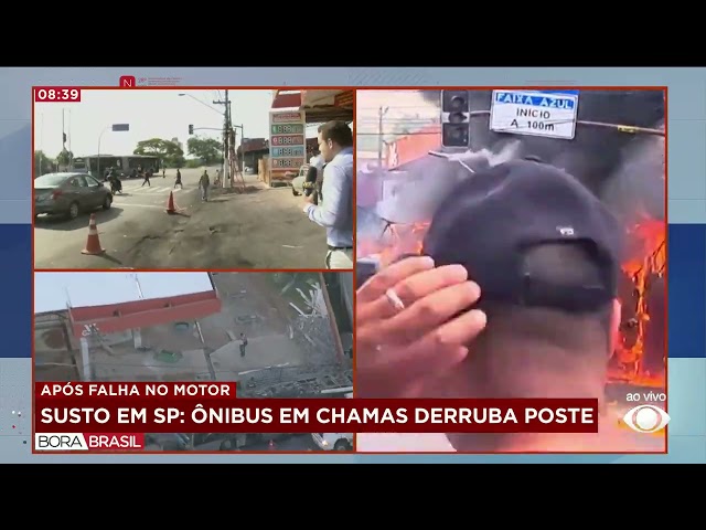 ⁣Ônibus em chamas desce avenida movimentada e derruba poste em SP