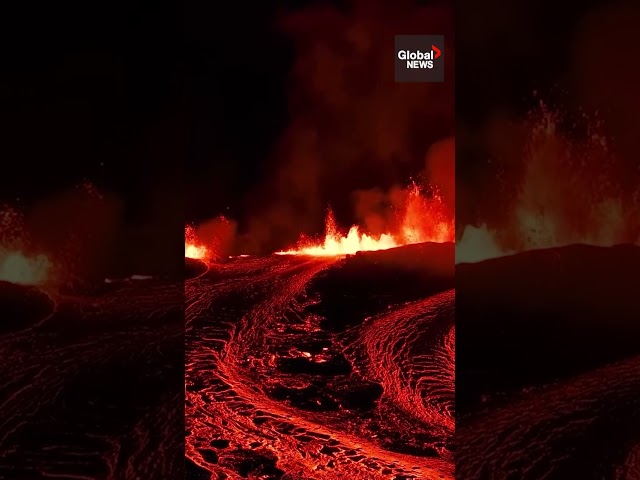 ⁣Close-up of Iceland volcano eruption shows fiery sights and sounds