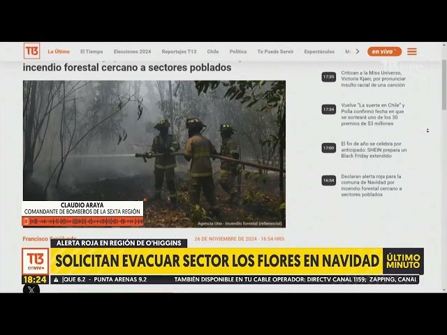 ⁣Alerta roja por incendio: Solicitan evacuar sector Los Flores en Navidad